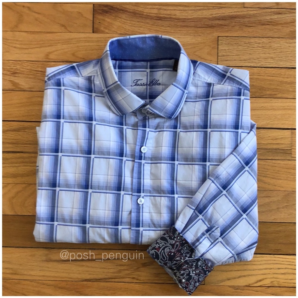 ⬇️45 Tasso Elba Blue Plaid Button Down Shirt XL